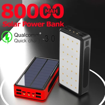

80000mAh Solar Power Bank Poverbank 4 USB Type C Powerful Camping LED Light Portable Charger for IPhone 11 X IPad Samsung