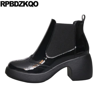 

block booties black brogue japanese high heel slip on chunky patent leather chelsea women ankle boots 2019 round toe thick shoes