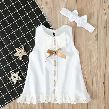 

AA Infant Newborn Baby Girl Dresses 2020 Lace Dress Sleeveless Bowknot Rib Headband Solid Princess Clothes