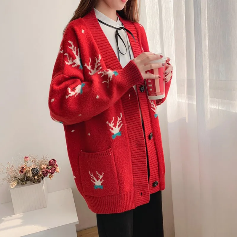 Женский трикотажный кардиган с оленем повседневное Свободное пальто v-образным