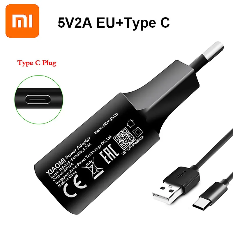 Дорожное зарядное устройство Xiaomi 5 В/2 А стандарт ЕС сетевое с Type-C Micro USB кабель для