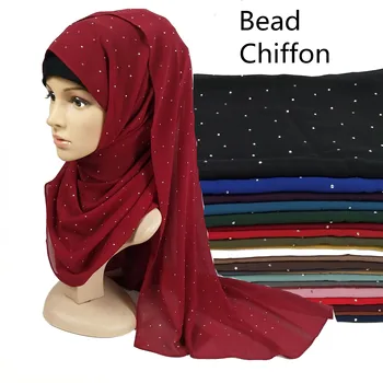 

X1 1pcs Fashion bead Plain Bubble Chiffon Scarf Women's Hijab Wrap Solid Color Shawls Headband Muslim HijabsTurbanet Headscarf