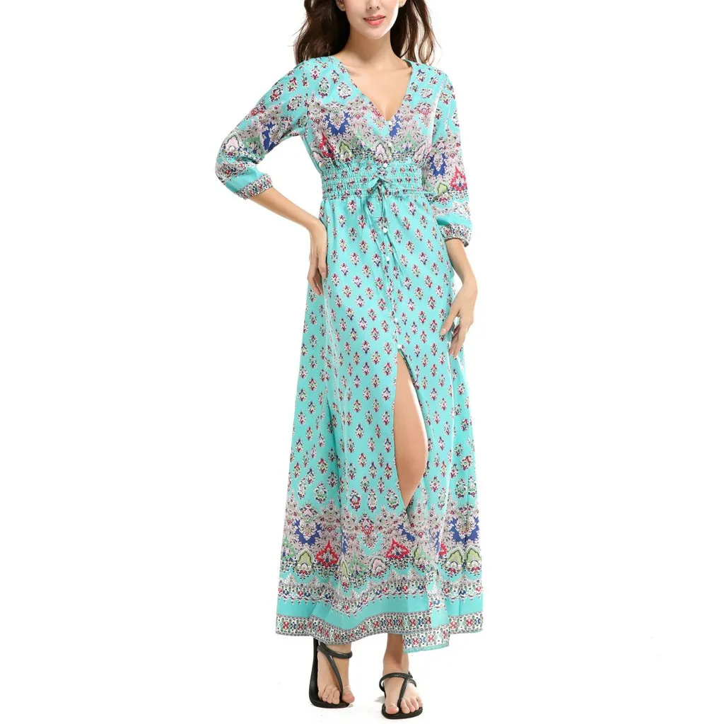 Fashion Women Casual Print Dress Elastic Waist V-Neck 3/4 Sleeve Split Dresses floral dress for beauty ladies платье женское