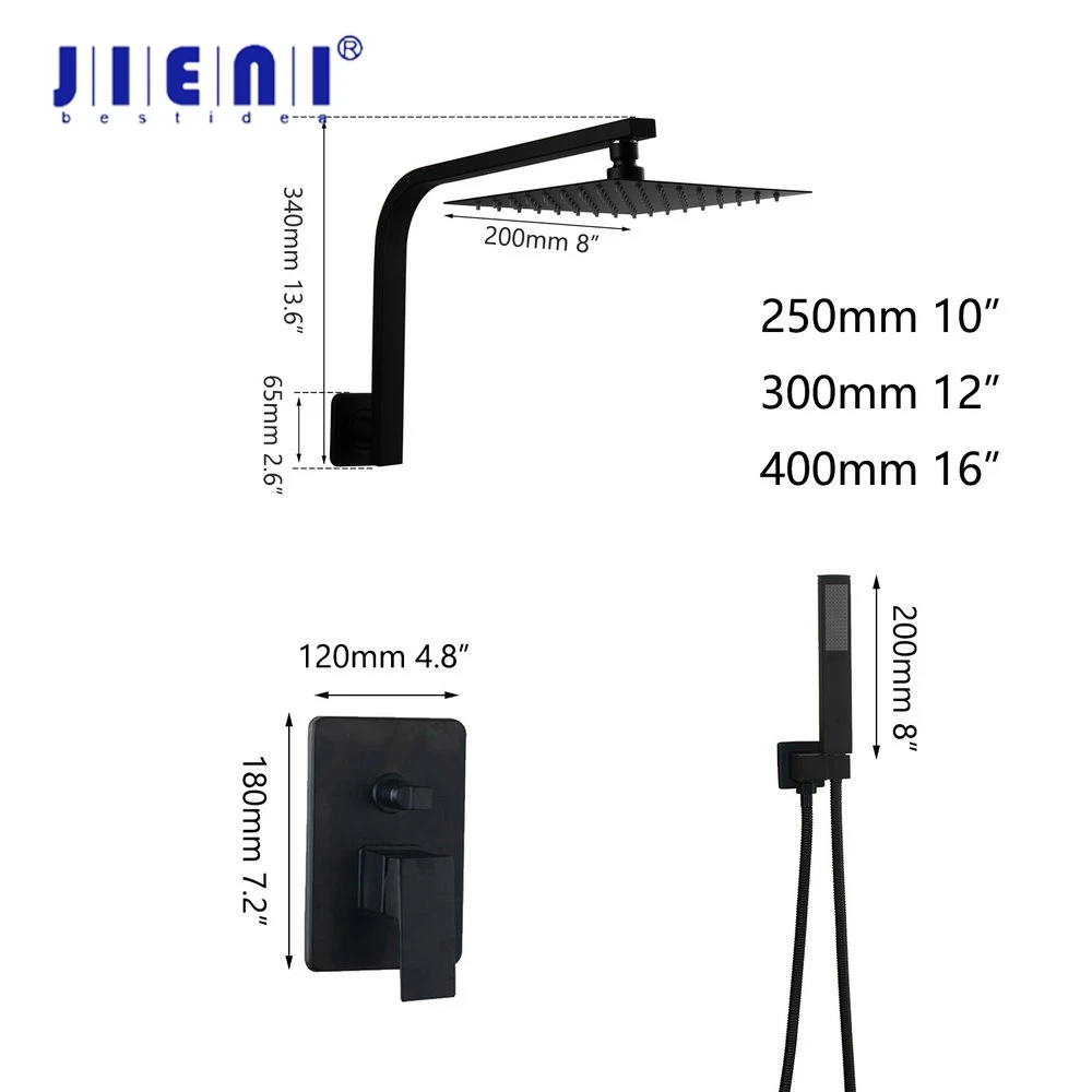 JIENI 8 16 Inch Swan Bathroom Rainfall Shower Set Wall Mounted Matte Black Ultra-thin LED Shower Head & Hand Set Faucet