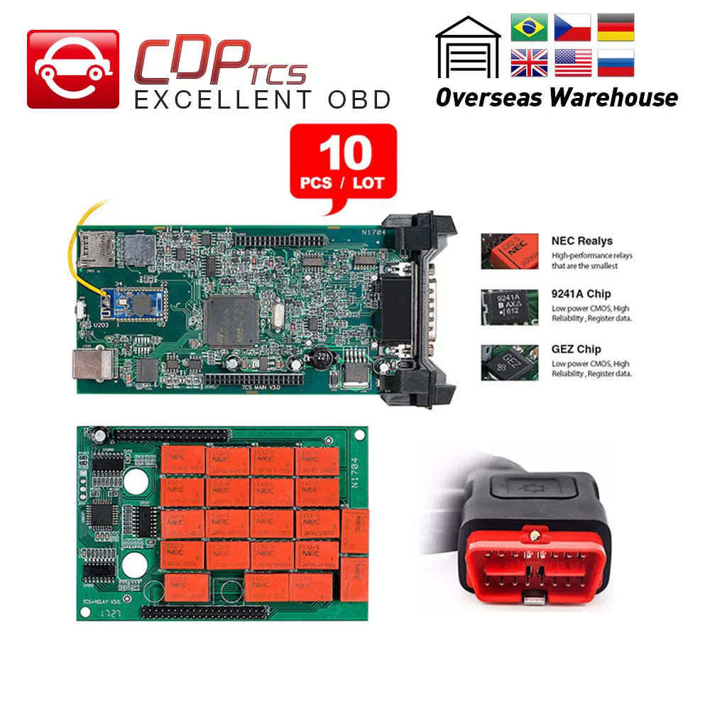 10 шт. CDP TCS cdp pro Double Green V3.0 плата Bluetooth. R3 программное обеспечение OBD II сканер автомобили Грузовики OBD2 диагностический инструмент