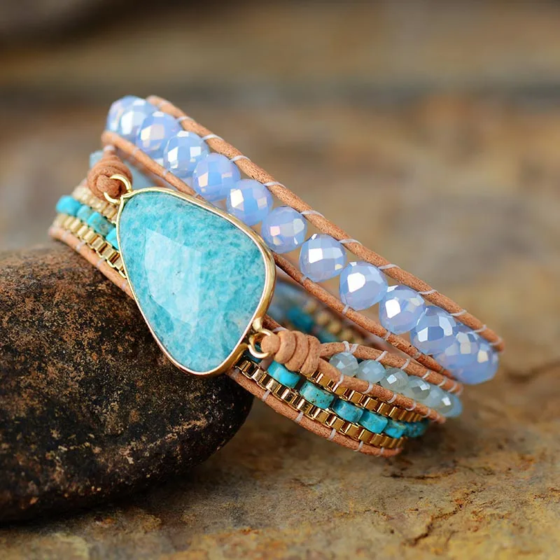 Ethnic Leather Wrap Bracelets W/ Natural Stone Rhinestone Amazonite Beaded Strand Bracelet Teengirls Bohemian Jewelry Dropship