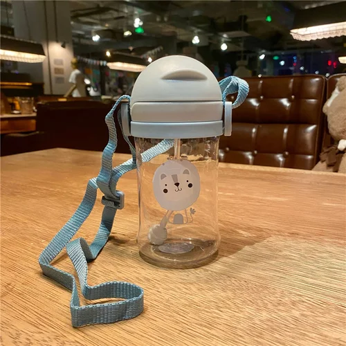 중력 공 아기 마시는 컵, 만화 동물 손잡이, 어깨 스트랩, 어린이 훈련 컵, 빨대 포함, 어린이 물병, 350ml 6