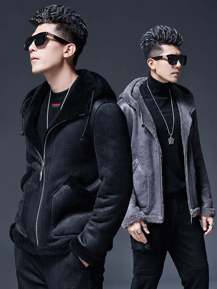 

Men's Winter Jacket Real Sheep Shearling Fur Coat Alpaca Coats Double Side Wear Suede Short Jackets Plus Size MC12C180 MY1249