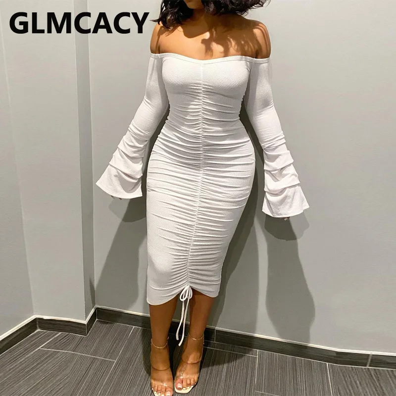 Women Flare Sleeve Off Shoulder Bodycon 