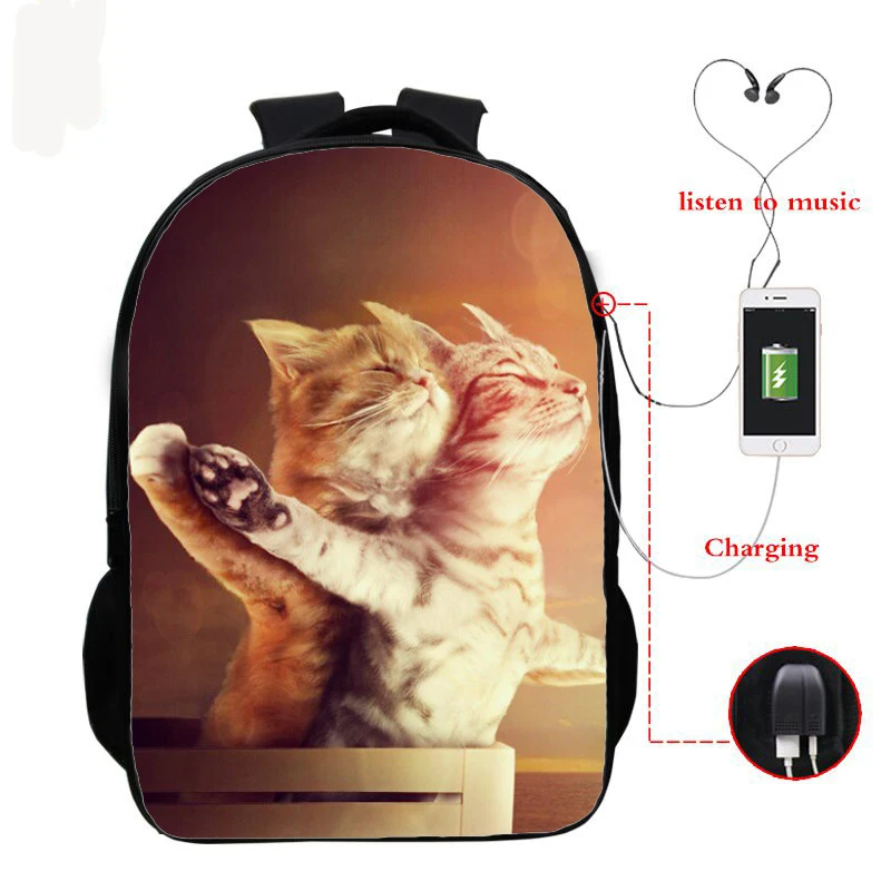 Cat Print Backpacks USB Charge Casual Laptop Backpack Fashion Books School Bag for Teenager Girls Boys Travel Backpack Schoolbag