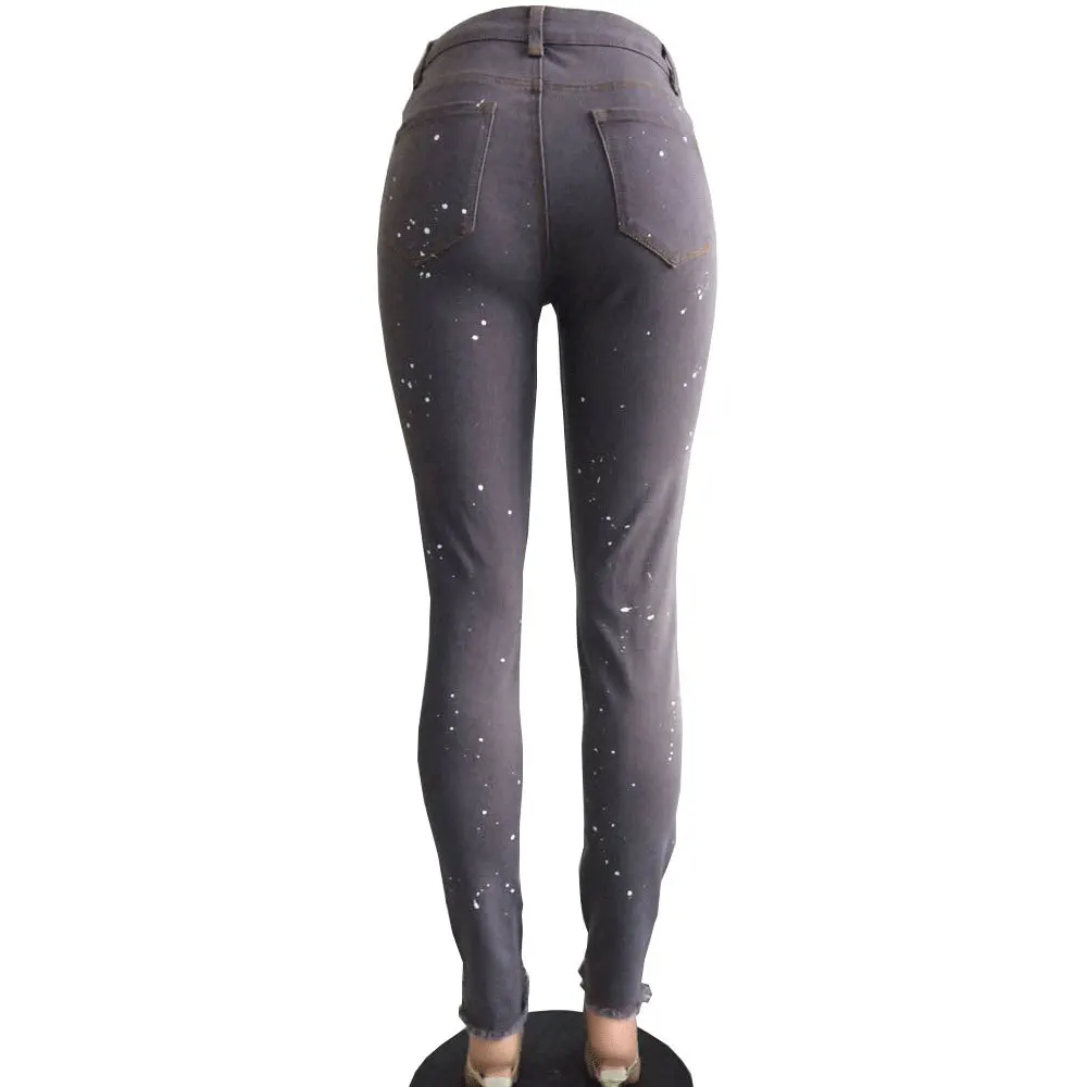 Женские облегающие обтягивающие джинсы в горошек, женские повседневные облегающие джинсовые брюки-карандаш со средней талией, длинные джинсы для девочек со складками и дырками