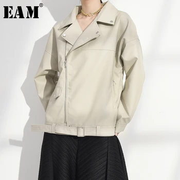 

[EAM] Loose Fit Beige Pu Leather Split Big Size Jacket New Lapel Long Sleeve Women Coat Fashion Tide Spring Autumn 2020 LA93804