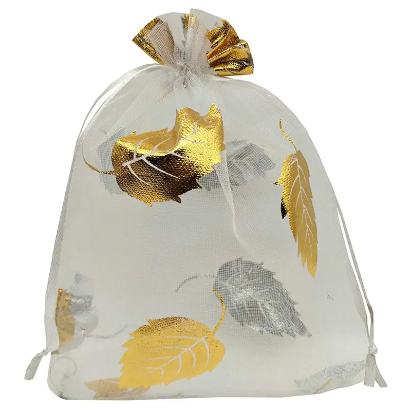 

HOT-100pcs Sheer Organza Favor Bags 13x18cm For Wedding Bags Samples Display Drawstring Pouches (white-gold leaf)