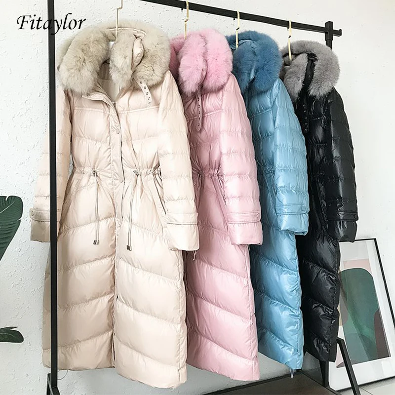 Женский длинный пуховик с капюшоном Fitaylor толстая теплая парка на белом утином