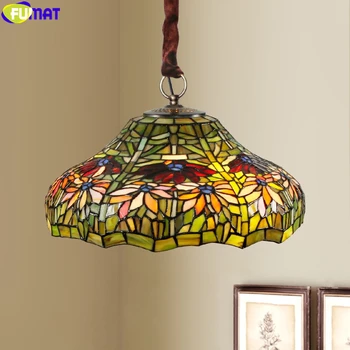 

FUMAT Tiffany Style Pendant Lamp Stained Glass Reverse Chandelier Flos Chrysanthemi Crown Cap Colorful Art Home Decor Lighting