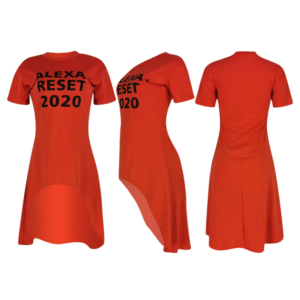 Echoine 2020 Summer Alexa Reset 2020 Letter Print Women O-neck Short Sleeve Irregular Long T-shirt fashion casual Party Tee