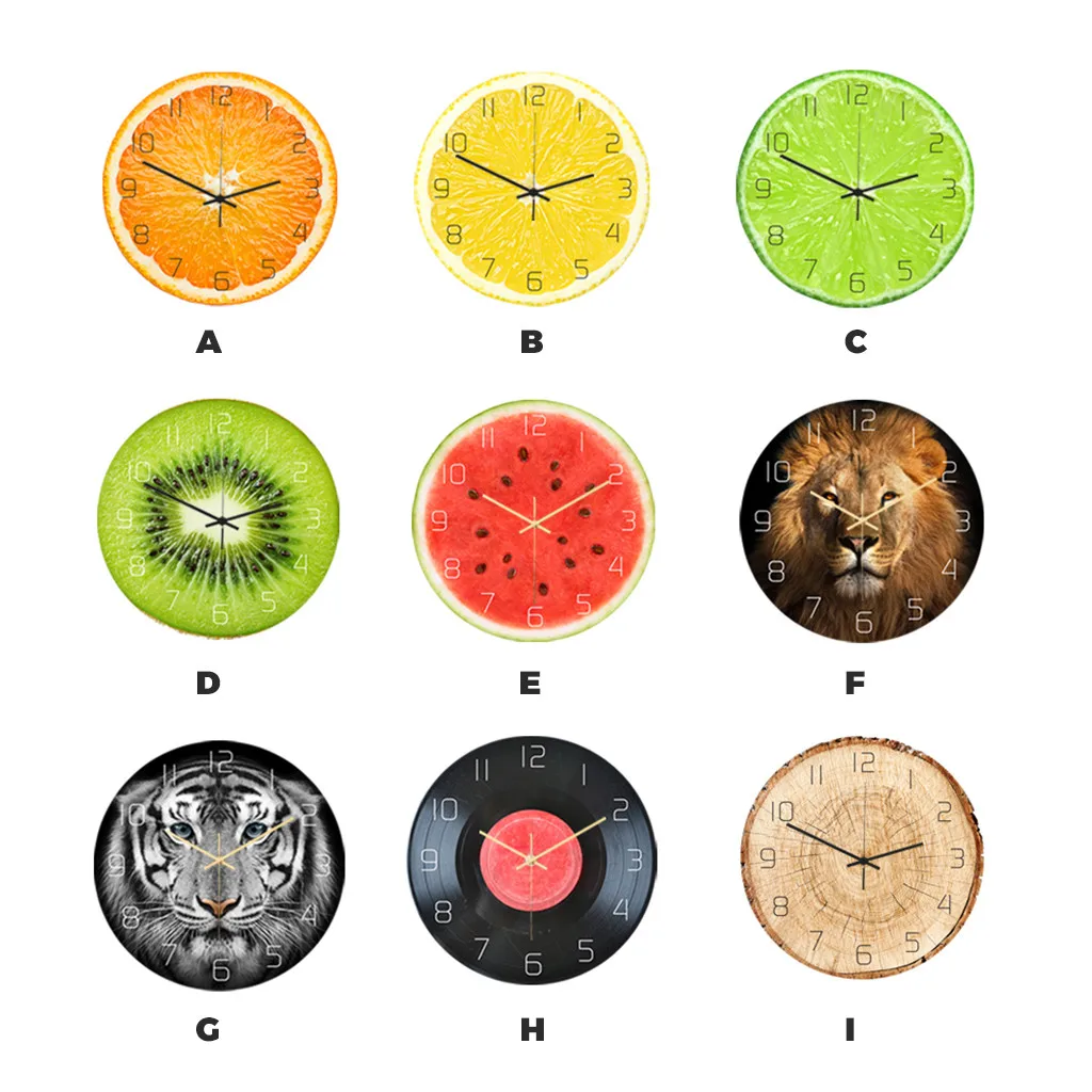 Фруктовое деревянное животное зерна Сол часы акриловые УФ печать часы креативные настенные часы