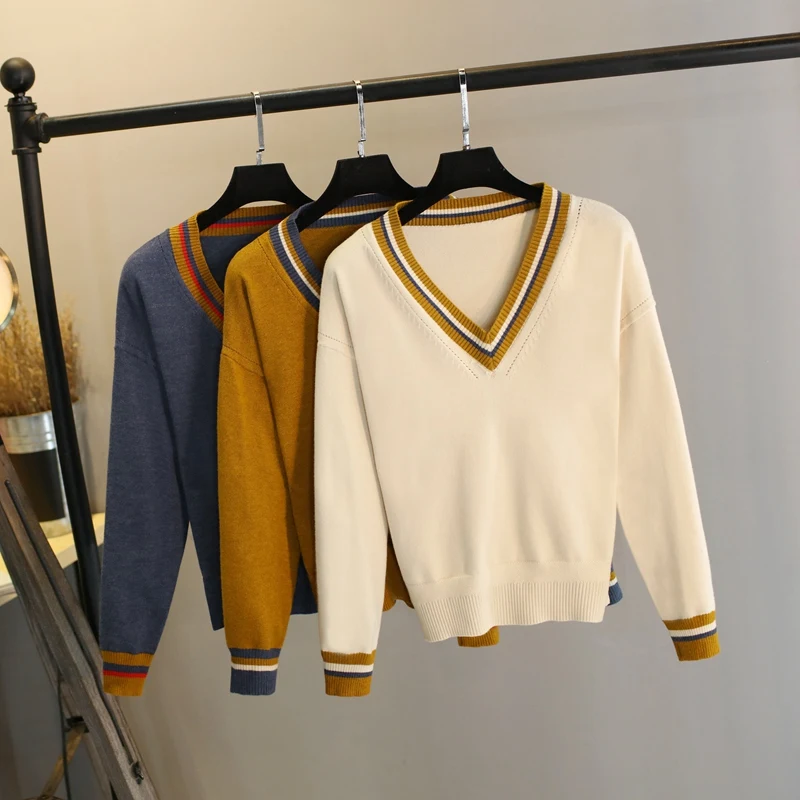 

GIGOGOU Autumn Winter V Neck Loose Women Pullover Sweater Fashion Casual Colorblock Knitted Warm Jumper Top Female