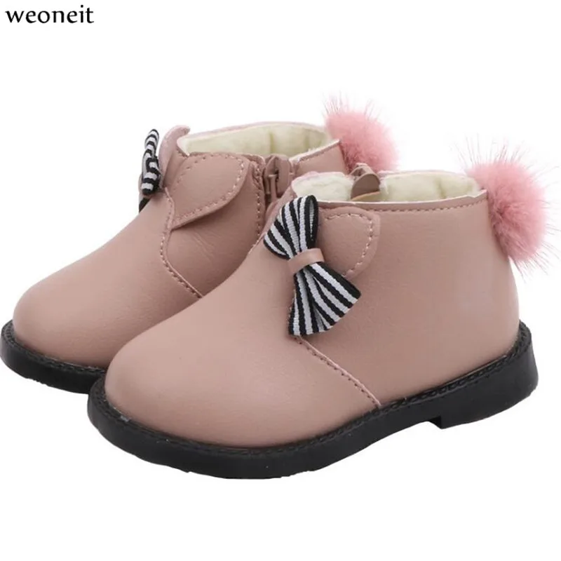 Weoneit Fashion Winter Baby Boots Infant Girls Warm Ankle Leather Boots Toddler Plus Cotton Bowtie Princess Black Pink Shoes