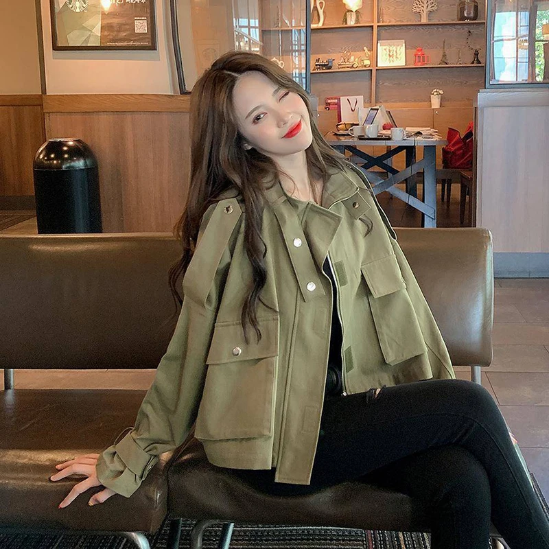 

New Arrival Spring Autumn Women Loose Short Jackets Retro Fashion Double Pocket Tooling Coat Stand Collar Casual Coats D358