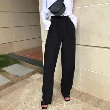 

Women New Trouser Fashion Casual Wide Leg Pants Elegant Wild Loose High Waist Solid Autumn Ladies Office Lady Full Length Flat