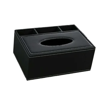 

Multifunctional Desktop Organizer Remote Control Holder Pencil Scissor Container PU Leather Tissue Box(Black)
