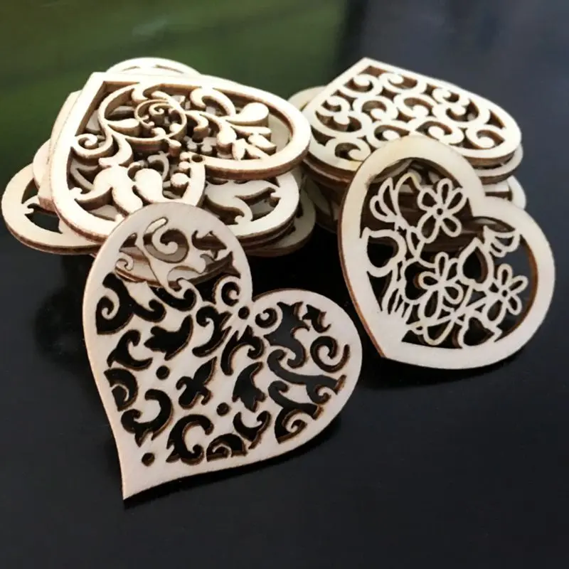 

50pcs Carving Hollow Heart Flower Wooden Painting Scrapbooking Craft Handmade DIY Accessory Home Decoration Embellishment X4YD