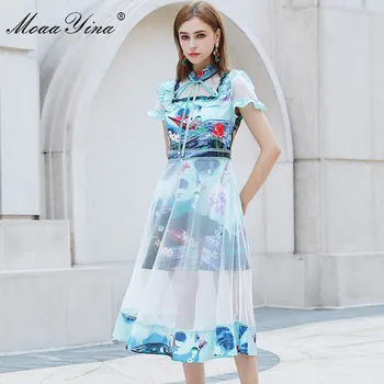 

MoaaYina Fashion Designer dress Summer Women's Dress Ruffled collar Flare Sleeve Ruffles Print Dresses