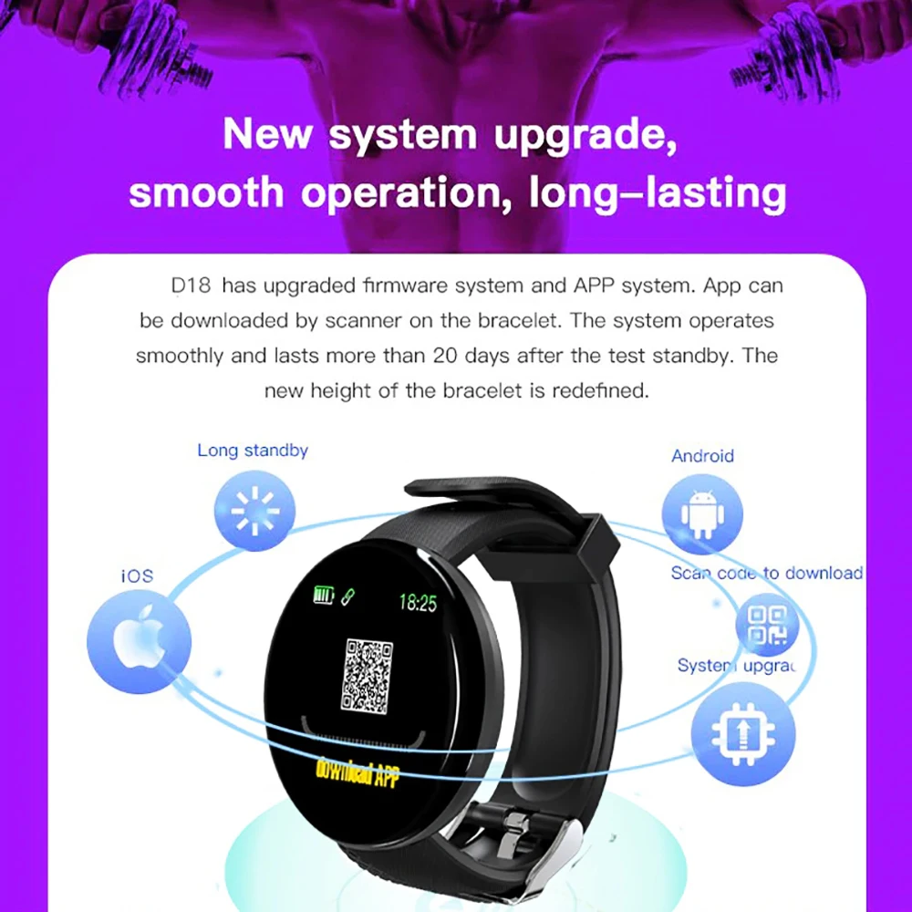 D18 Smart Watch Men Heart Rate Bluetooth Smartwatch Blood Pressure Round Fitness Sleep Tracker Smart Watch Women For Android IOS