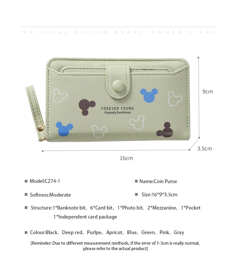 Lovely Mickey Cartoon PU Leather Lady Long Hand Holding Large-Capacity Card Holder Women`s Wallet Girl Fashion Mobile Phone Bag