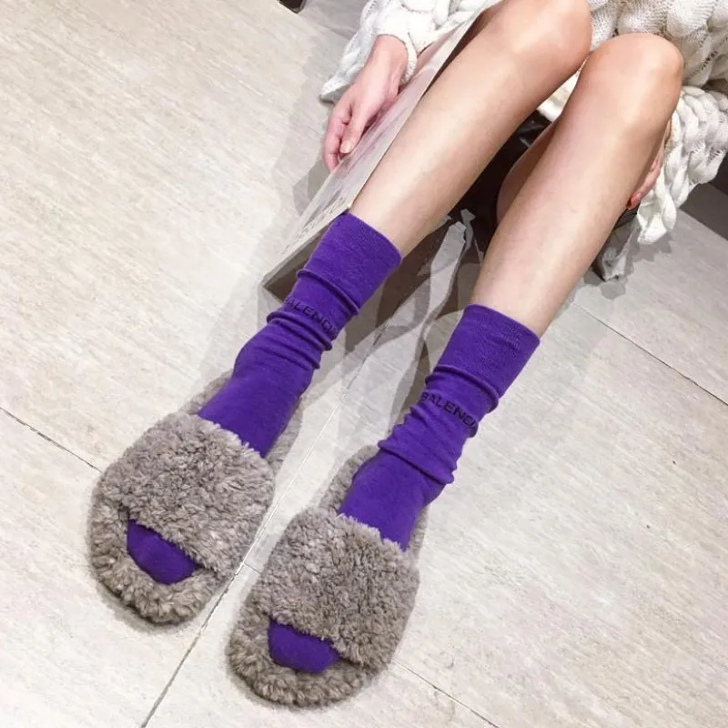 Women's Slippers Flock Slides Shoes Pokemon Plush New Fur Flat Fabric Autumn Basic Rubber Rome Bonded Leather Cotton