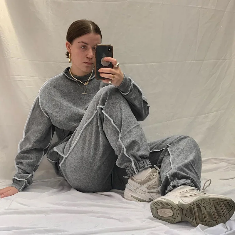

2020 Autumn/winter New Fashion Stitching Open-end Long-sleeved Pullover Jacket Sweatpants Trend Skirt and Top Set Crop Tops