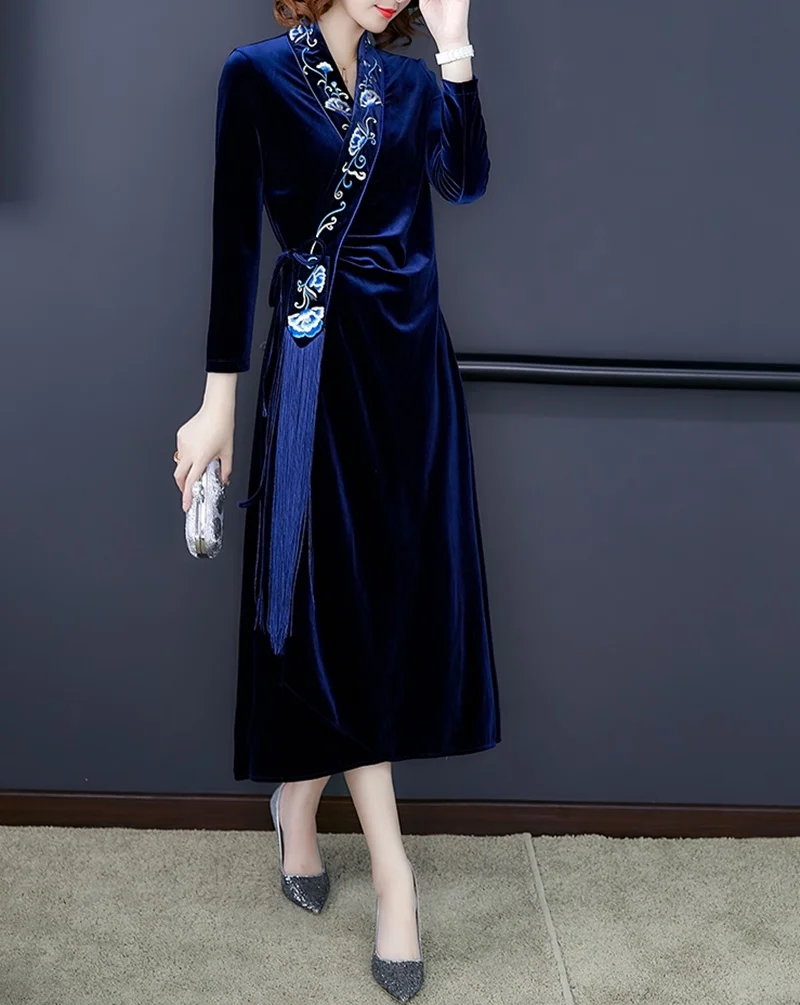 Велюровое вечернее платье, длинное, современное, китайское, Cheongsam Qipao, женское, вышивка, кисточки, длинный рукав, элегантное, китайское платье, TA2121