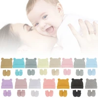 Newborn Baby Cotton Beanies Hospital Hat and Mittens Set Solid Candy Color Stretchy Infant Warm Anti Scratching Gloves 0-1 6