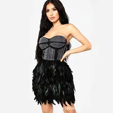 Черное сексуальное перо сшивание горный хрусталь труба верхнее платье ультра короткая вечеринка производительность Ds стрейч комбинезон наряд без рукавов NEW
