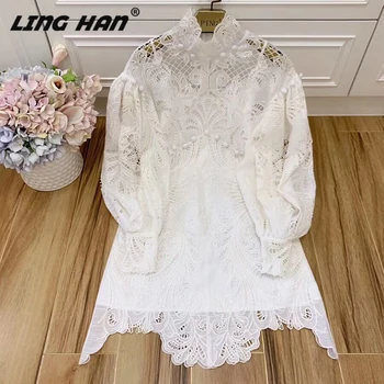 

LINGHAN Sexy Hollow Out Vacation Dress Women's Elegant Embroidery Lantern Sleeve Stand Dresses Designer Spring Summer New