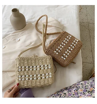 

Women's Pearl Beach Bag,Straw Bag,Vintage Handbag,Women Bag,Luxury Handbags,Ladies Evening Gold Clutch