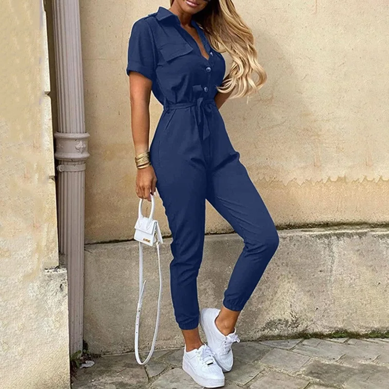 Elegant Solid Cotton Jumpsuit Women 2020 Summer Deep V Neck Button Shirt Overalls Short Sleeve Office Lady One Piece Romper Belt Elegant Solid Cotton Jumpsuit Women 2020 Summer Deep V Neck Button Shirt Overalls Short Sleeve Office Lady One Piece Romper Belt