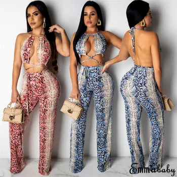 

Womens 2Pcs Halter Bandage Sexy Tops+Slim Printed Pants Set Fashion 2020 New Playsuit Ladies Summer Hot Sale
