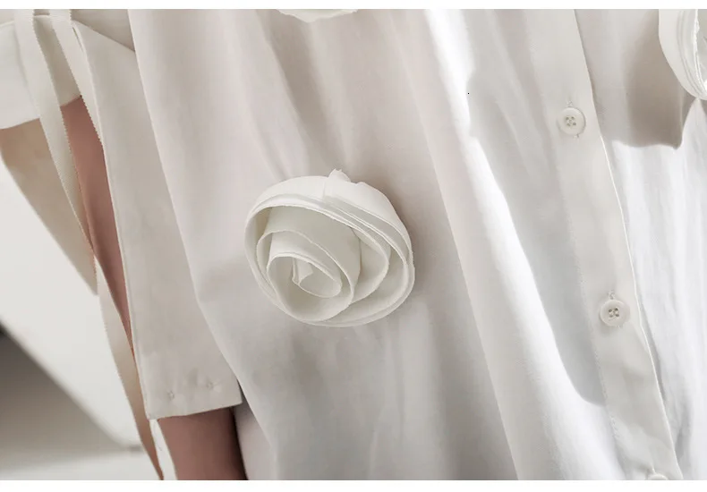 [EAM] Новая летняя рубашка свободного кроя с отворотами и коротким рукавом черного цвета с объемным цветком большого размера Женская модная блуза JU316
