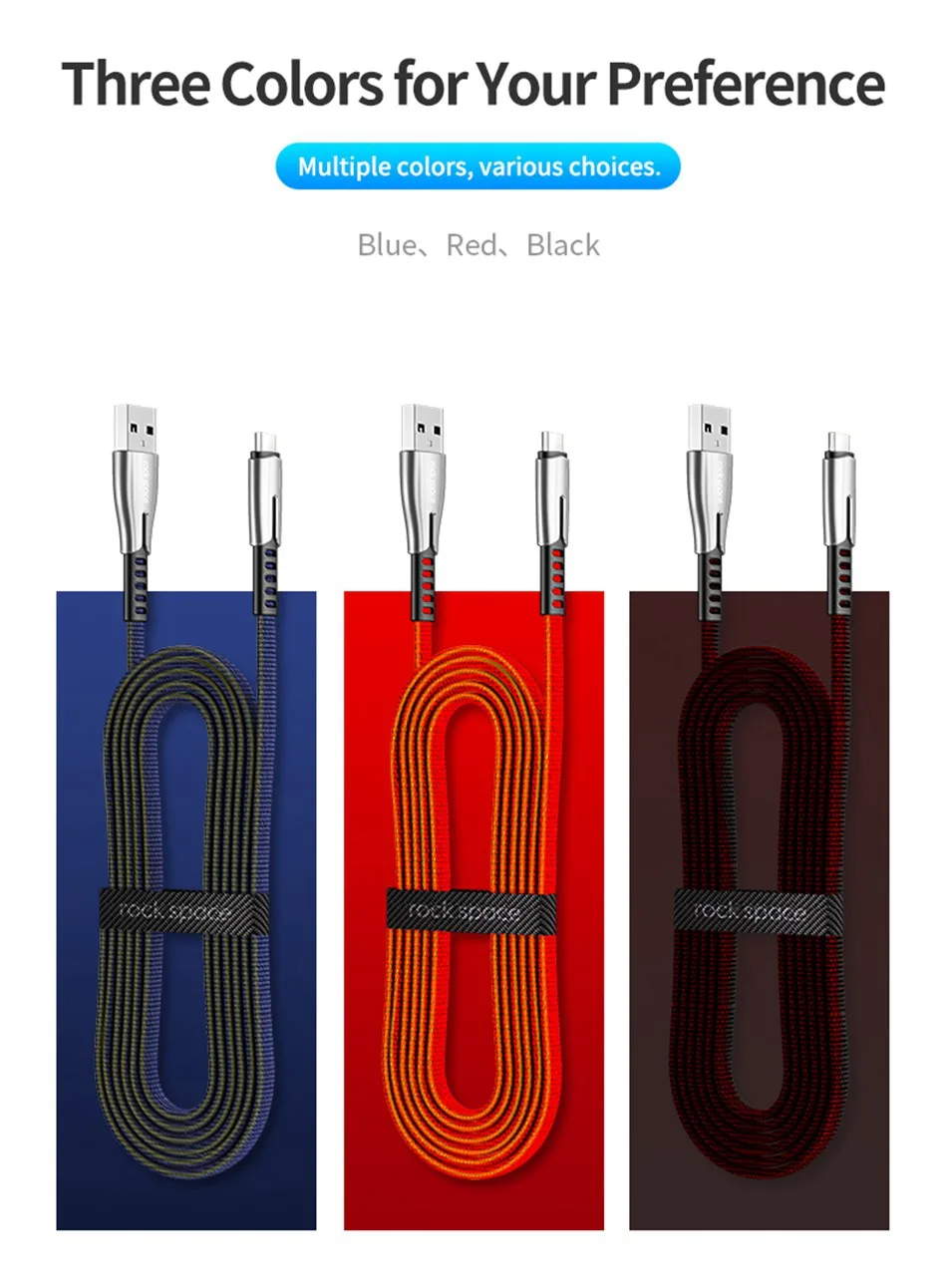 ROCK Micro USB кабель светодиодный светильник нейлоновый Microusb шнур для samsung S7 Xiaomi Redmi Note 5 Pro Android телефон кабель Micro USB зарядное устройство