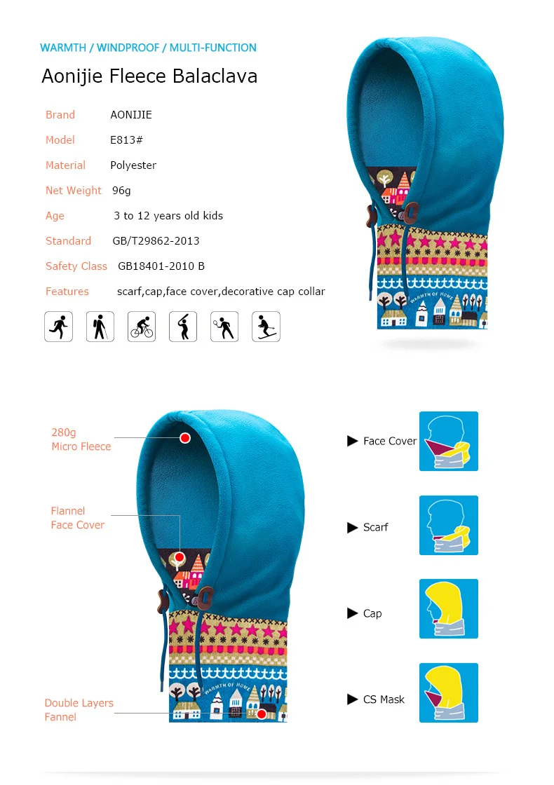 Kids Layered Winter Thermal Fleece Balaclava Hat