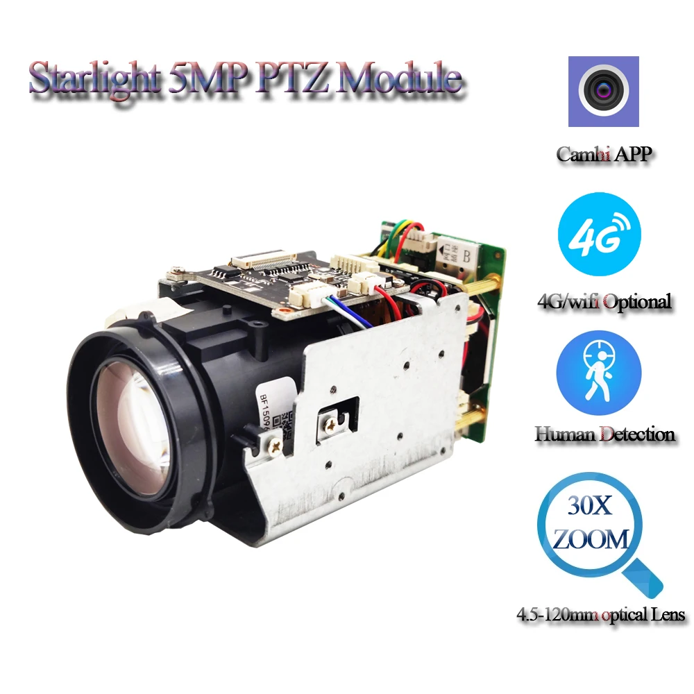 Modulo Telecamera PTZ Mini 5MP H.265 3G 4G con Scheda SIM, Zoom Ottico 30X, Pelco-D/P RS485, Slot per Scheda TF, Audio e Compatibilità Camhi/Camhipro