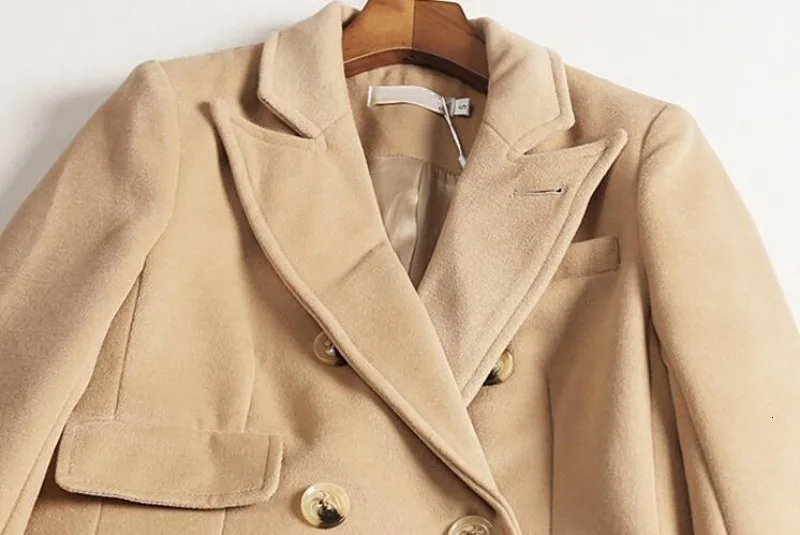 New Fashion Womens OL Wool Coats European Style Slim Fit Outerwear Female Elegant Double Breasted Pocket Long Overcoats