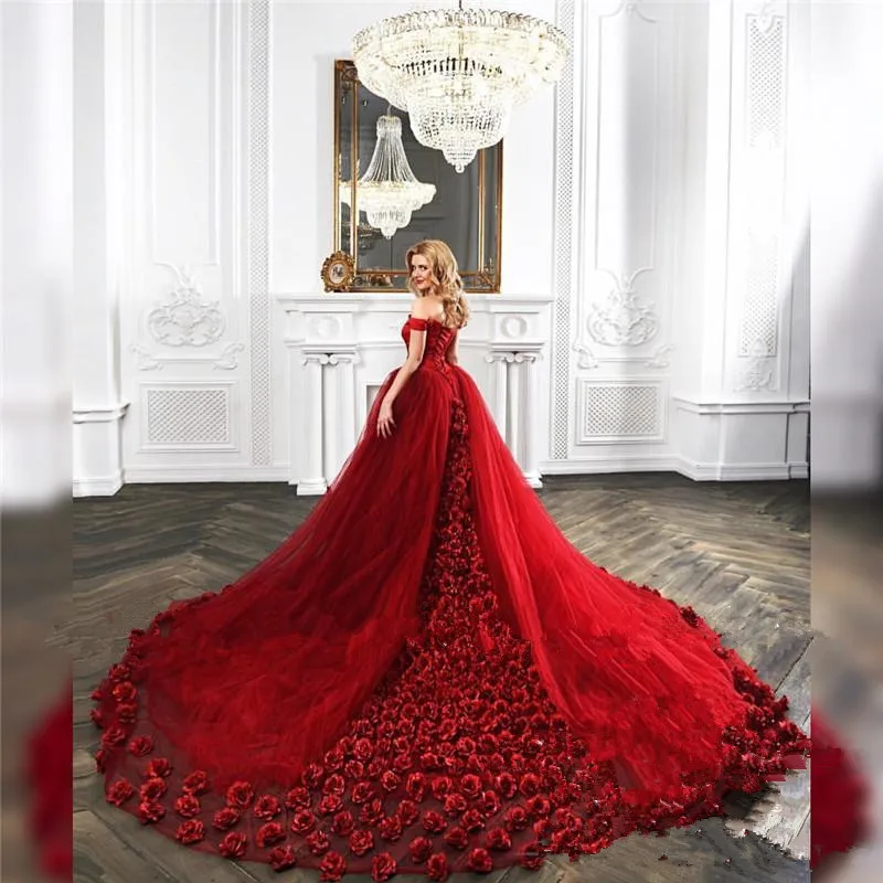 Красное Бальное Платье с 3D цветочным рисунком, свадебное платье, с открытыми плечами размера плюс, ручная работа, цветы, арабские Африканские свадебные платья, Vestido De Novia
