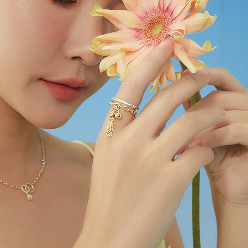 Finger Ring Adjustable Rings Gold Color Rings Opening Ring New Link Chain Tassel Gold Color Ring Zirconia With Spike Pendant Charm Fingure Ring for Women Opening Adjustable Jewelry