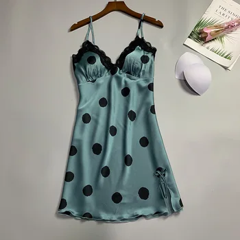 

Korean Style Pajamas Female Cute Polka Dot Nightdress With Chest Pad Female Summer Sling Summer Lace Pajamas