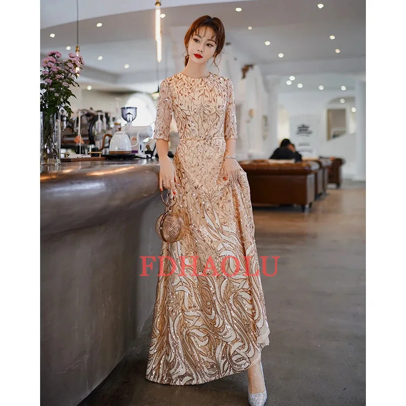 FDHAOLU FU107 New Luxury Sequins Evening Dress Banquet Elegant Gold Half Sleeved Party Prom Gown Robe De Soiree Customized 5