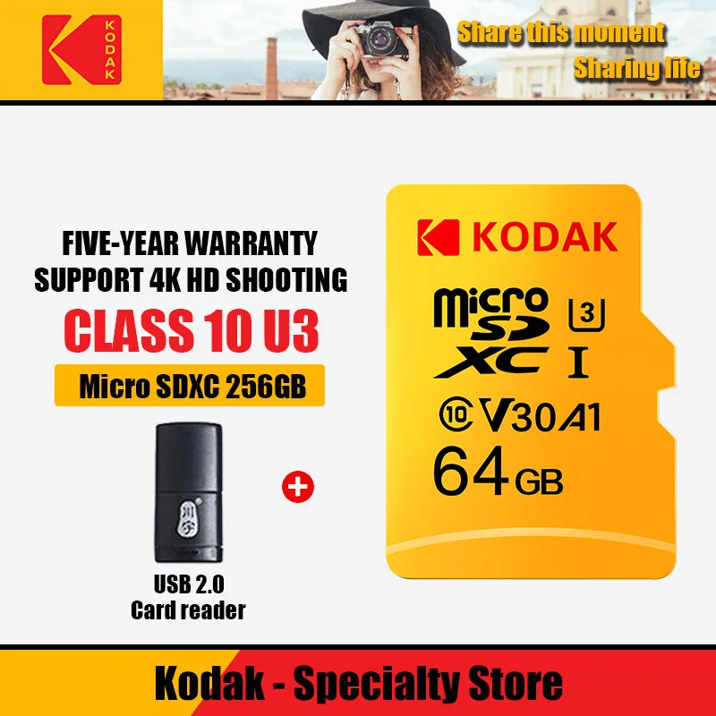 100% оригинальная карта памяти Kodak U3 32 ГБ 64 128 256 512 Micro SD TF флэш-карта micro carte
