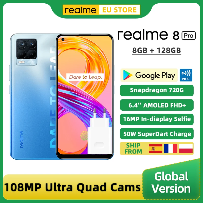 En existencia Realme 8 Pro Versión global Smartphone 8GB 128GB 6.4  Pantalla 108MP Ultra Quad Camera Snapdragon 720G 4500mAh 50W NFC